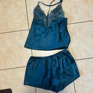 Linea Donatella Blue Satin Pajama Set with Lace Trim